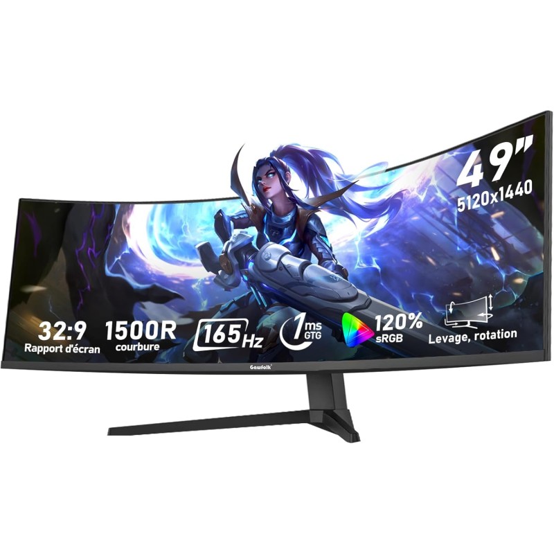 Gawfolk 49 Pouces Écran PC d'ordinateur de Jeu 1500R Ultra-Large incurvé, DQHD (5120×1440), 165Hz, 1MS, FreeSync, 120% sRGB, Mon
