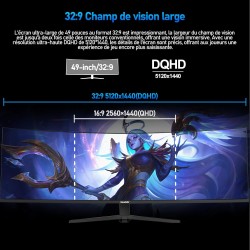 Gawfolk 49 Pouces Écran PC d'ordinateur de Jeu 1500R Ultra-Large incurvé, DQHD (5120×1440), 165Hz, 1MS, FreeSync, 120% sRGB, Mon