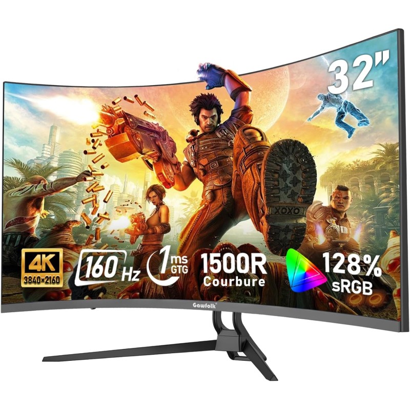 Gawfolk Écran PC 32 Pouces 4K UHD incurvé 1500R, Moniteur de Jeu Esports 160Hz, 1ms, Adaptive Sync, 128% sRGB, Grand Angle de Vi