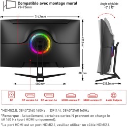 Gawfolk Écran PC 32 Pouces 4K UHD incurvé 1500R, Moniteur de Jeu Esports 160Hz, 1ms, Adaptive Sync, 128% sRGB, Grand Angle de Vi