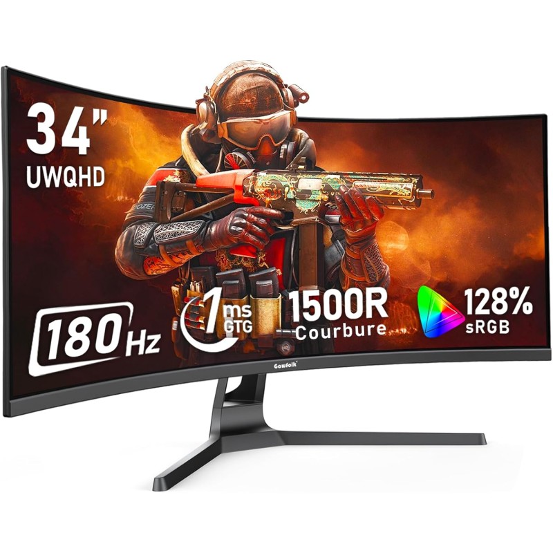 Gawfolk Écran PC Ultra Large 34 Pouces 1500R incurvé 180Hz Gaming Computer Moniteur,21:9 UWQHD(3440x1440)，128% sRGB，FreeSync，HDR