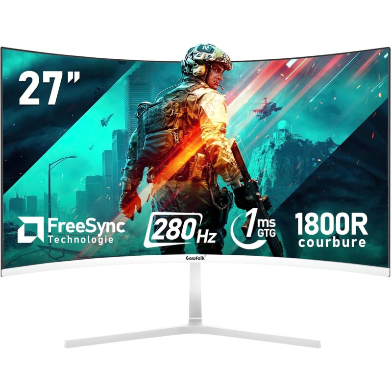 Gawfolk Écran PC 27 Pouces incurvé 280Hz Gaming Computer Moniteur, 1800R,1ms，FHD 1080p, 178 ° Grand Angle,Ultra - Mince Lunette,