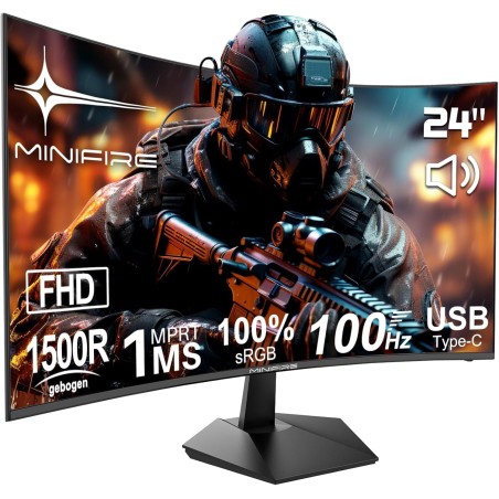 Minifire écran pc gamer incurvé 24 pouces 100hz avec haut-parleur -1500r fhd (1920 x 1080p) va panel, mprt 1ms, srgb100%, less b