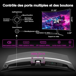 Minifire Gaming Curved Monitor 24 Pouces, 180Hz 1ms FHD avec Sprecher 1500R, Adaptive Sync, VESA 100x100mm, Inclinaison réglable