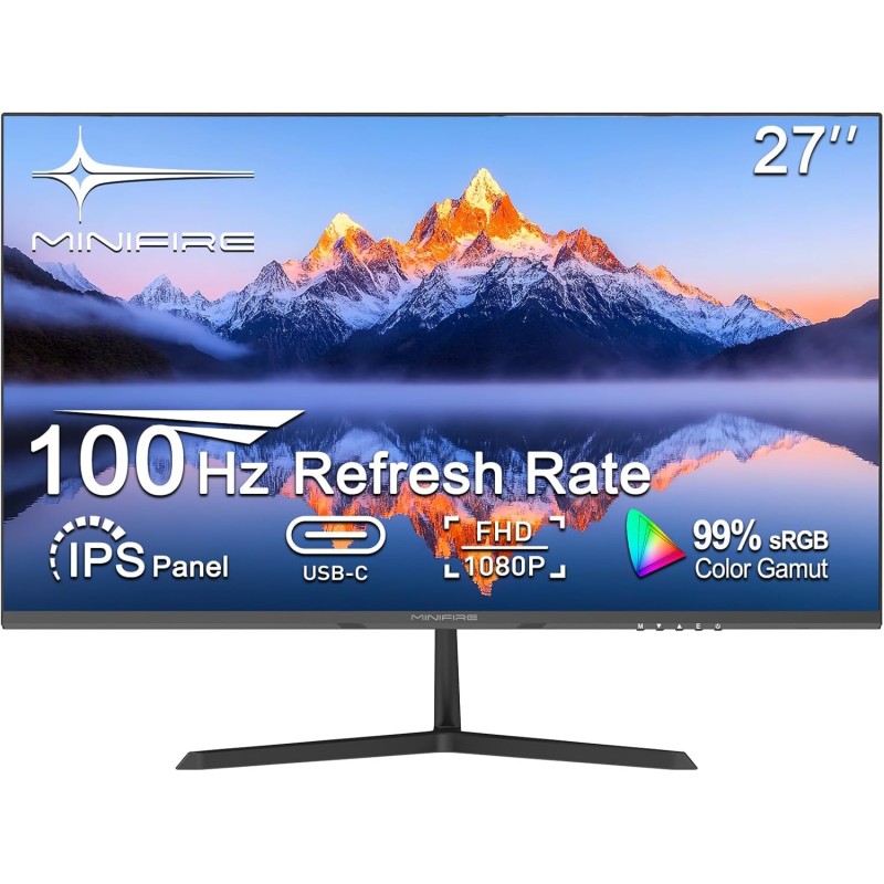 Minifire Écran PC 27" FHD 1080p,USB-C, 100 Hz, sans Cadre, IPS, inclinable, Protection oculaire, VESA 75 x 75 mm, HDMI - Noir
