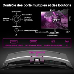 Minifire 27 Pouces Ecran Gamer Incurvé Monitor 160Hz, FHD(1920x1080), 110% sRGB PC Moniteur Gaming 1500R, 1ms GtG, Pied en Métal