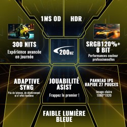 Minifire ecran pc gaming 27 pouce, 200hz, 1ms, adaptivesync, ips rapide, fhd, srgb 120%, 2xhdmi 2.0/1xdp 1.4, bleulightshield, l