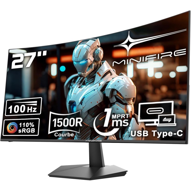 Minifire Écran PC Incurvé 27 Pouces 120Hz - Panneau VA 1500R Full HD (1920 x 1080p), Temps de Réponse MPRT 1ms, sRGB 110%, Filtr