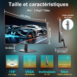 Minifire Écran PC Incurvé 27 Pouces 120Hz - Panneau VA 1500R Full HD (1920 x 1080p), Temps de Réponse MPRT 1ms, sRGB 110%, Filtr