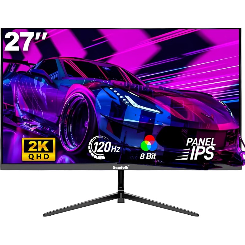 Gawfolk Moniteur de Jeu 27 Pouces QHD, écran PC IPS 2K 120Hz, 2560×1440P, FreeSync, HDMI, DisplayPort, VESA 75 * 75mm, Noir