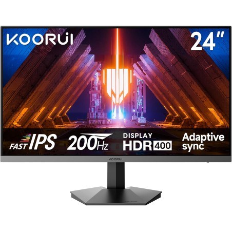 KOORUI Ecran PC Gamer 200Hz, Ecran Gaming 24 Pouces, Fast IPS, HDR 400, Adaptive Sync, FHD 1080P, 1ms, VESA 75x75mm, HDMI 2.0 & 