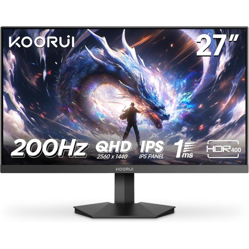 KOORUI Ecran PC Gamer 27 Pouces, Fast IPS 200Hz HDR 400 1ms, Gaming Ecran Ordinateur, DCI-P3 95% 350 nit, Adaptive-Sync,Compatib