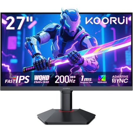 KOORUI Ecran Gaming 27 Pouces, Ecran PC Gamer 200Hz, Fast IPS, HDR 400, Adaptive Sync, QHD 1440P, 1ms, VESA 75x75mm, HDMI 2.0 & 