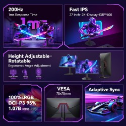 KOORUI Ecran Gaming 27 Pouces, Ecran PC Gamer 200Hz, Fast IPS, HDR 400, Adaptive Sync, QHD 1440P, 1ms, VESA 75x75mm, HDMI 2.0 & 
