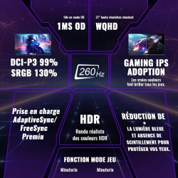 Minifire 27 Ecran PC Gamer,260Hz, Fast IPS Moniteur Gaming, QHD 2K 2560 x 1440p,1Ms, Écran Blanc, Freesync, 130% sRGB, HDR10, Fa