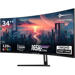Minifire Écran PC Gaming Incurvé 34 Pouces, 2K UWQHD(3440x1440),1ms MPRT, 165Hz(DP), 100Hz(HDMI), AMD FreeSync, Moniteur Gaming 