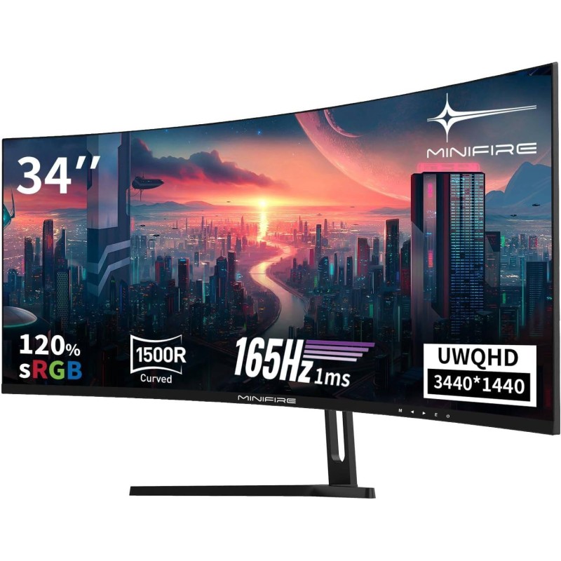 Minifire Écran PC Gaming Incurvé 34 Pouces, 2K UWQHD(3440x1440),1ms MPRT, 165Hz(DP), 100Hz(HDMI), AMD FreeSync, Moniteur Gaming 