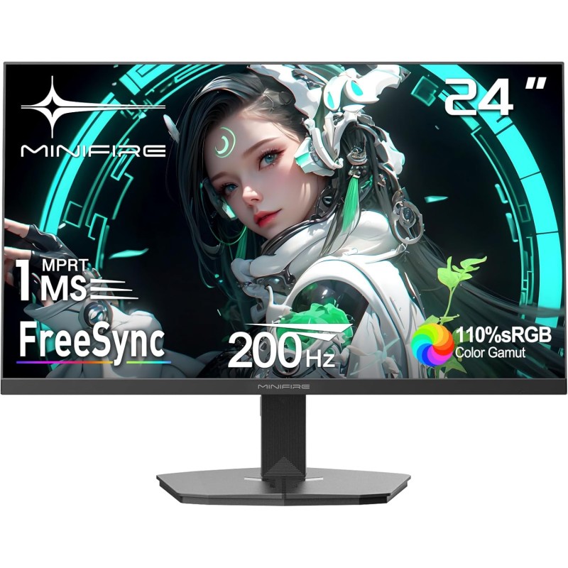 Minifire Écran Gaming 24 Pouces, 200Hz, 1ms, FreeSync, Full HD (1920x1080), Écran sans Bordure, Inclinaison Réglable, 300 Nits, 