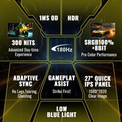 Minifire ecran pc gaming 27 pouce, 180hz, 1ms, adaptivesync, moniteur ips, fhd, srgb 110%, 2xhdmi 2.0/1xdp 1.4 ports, bleulights
