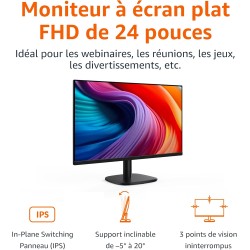 Amazon Basics Écran 24", FHD 1080p, Max 100 Hz, Compatible VESA, Haut-parleurs intégrés, Noir