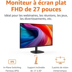 Amazon Basics Écran 27", FHD 1080p, Max 100 Hz, Compatible VESA, Haut-parleurs intégrés, Noir