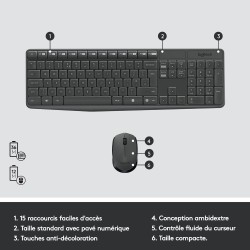 Logitech MK235 Combo Clavier Souris sans fil pour Windows, 2,4 GHz Récepteur USB, 15 Touches de Fonctions, Batterie Longue Durée