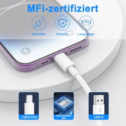 Lot de 2 câbles de charge USB vers Lightning pour iPhone 1 m + 2 m - Certifié MFi - Pour iPhone 14/13/12/11/Pro/ProMax/Mini/XS/X