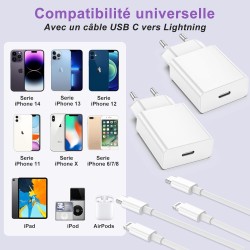 Chargeur iPhone,2 Pièces Chargeur Rapide avec 2M Câble USB C,Type C Adaptateur Secteur pour Original Apple iPhone 14/13/12/11/Pl