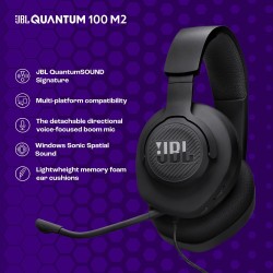 JBL Quantum 100M2 Casque gaming filaire circum-auriculaire avec microphone amovible, son JBL QuantumSOUND Signature, câble jack 