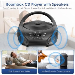Gueray Lecteur CD Portable Boombox Radio CD Compact avec Haut-Parleurs Stéréo Radio FM Entrée AUX 3,5 mm Jack Casque et Écran LC