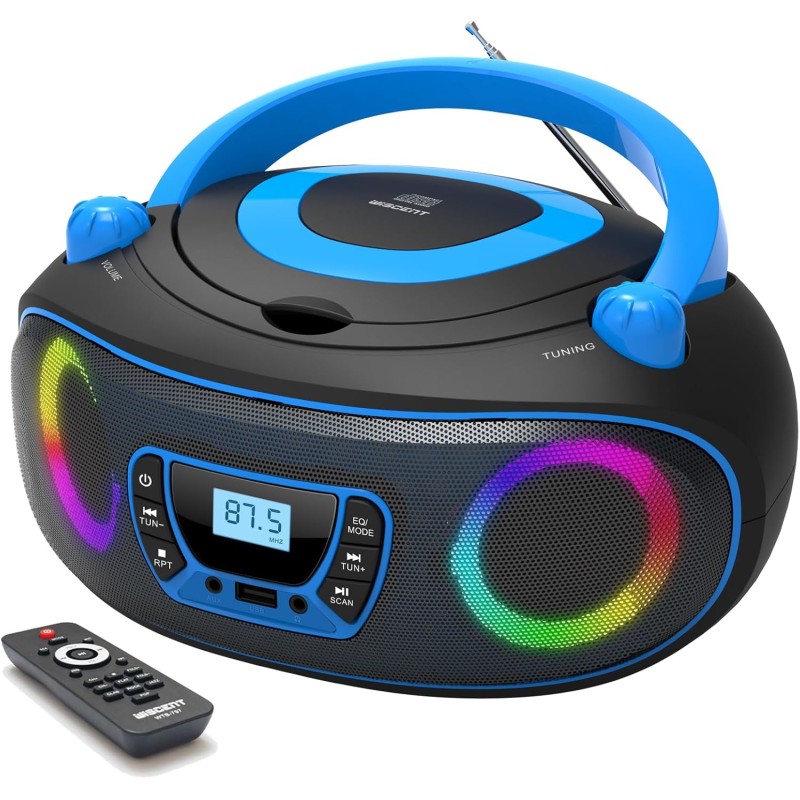 Lecteur cd stéréo portable boombox avec radio fm, bleutooth, lecture de cd-r/cd-rw/mp3/wma, port usb, entrée aux, prise casque