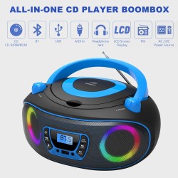 Lecteur cd stéréo portable boombox avec radio fm, bleutooth, lecture de cd-r/cd-rw/mp3/wma, port usb, entrée aux, prise casque