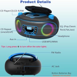 Lecteur cd stéréo portable boombox avec radio fm, bleutooth, lecture de cd-r/cd-rw/mp3/wma, port usb, entrée aux, prise casque