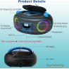Lecteur cd stéréo portable boombox avec radio fm, bleutooth, lecture de cd-r/cd-rw/mp3/wma, port usb, entrée aux, prise casque