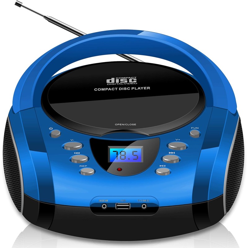 Boombox Portable - CD/CD-R - USB - Radio FM - Entrée AUX-IN - Prise Casque - Radio Enfants - Chaîne Stéréo - Système Compact (Bl