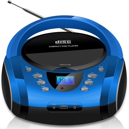 Boombox Portable - CD/CD-R - USB - Radio FM - Entrée AUX-IN - Prise Casque - Radio Enfants - Chaîne Stéréo - Système Compact (Bl