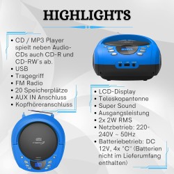 Boombox Portable - CD/CD-R - USB - Radio FM - Entrée AUX-IN - Prise Casque - Radio Enfants - Chaîne Stéréo - Système Compact (Bl