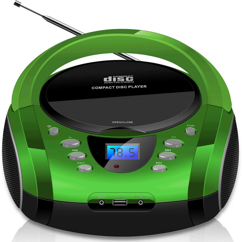 Boombox portable cd/cd-r usb fm radio entrée aux casque lecteur cd enfant chaîne stéréo système compact (golo vert)