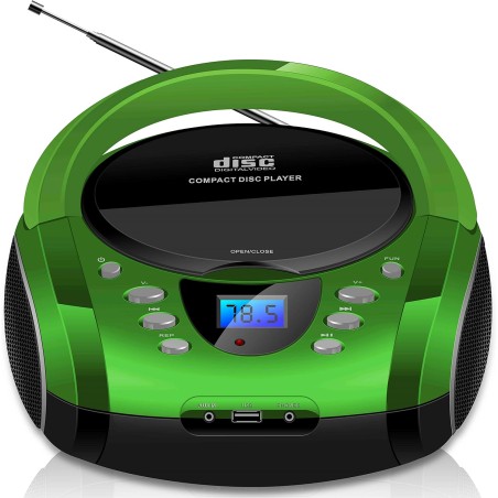 Boombox portable cd/cd-r usb fm radio entrée aux casque lecteur cd enfant chaîne stéréo système compact (golo vert)