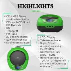 Boombox portable cd/cd-r usb fm radio entrée aux casque lecteur cd enfant chaîne stéréo système compact (golo vert)