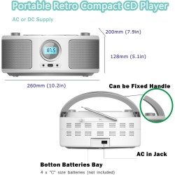 Poste cd enfant, wiscent radio fm lecteur cd portable boombox (avec bleutooth,radio fm,usb,aux,prise casque) lecteur cd enfant