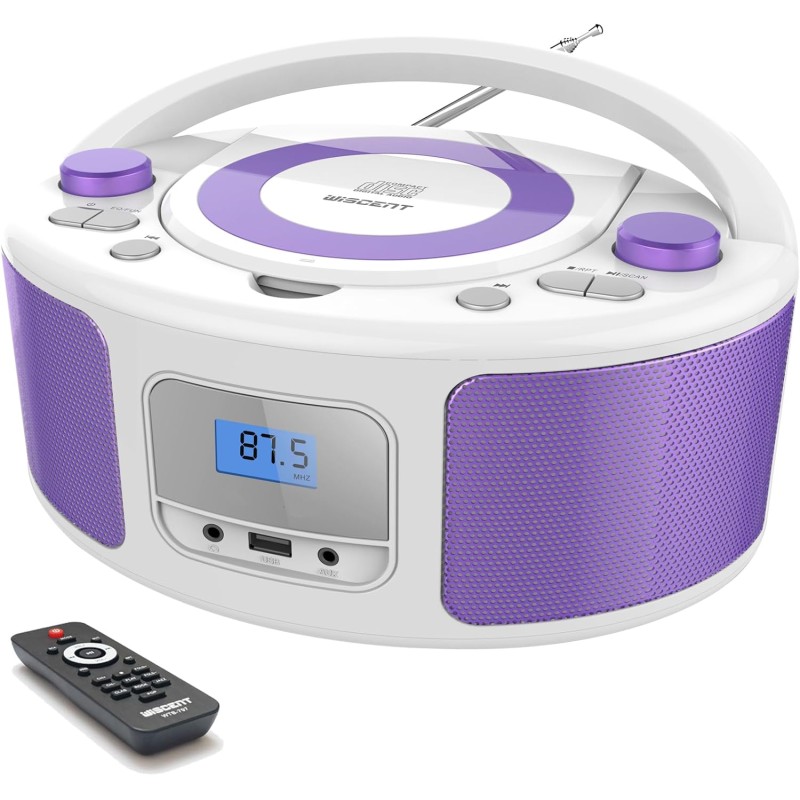 Poste cd enfant, wiscent radio fm lecteur cd portable boombox (avec bleutooth,radio fm,usb,aux,prise casque) lecteur cd enfant