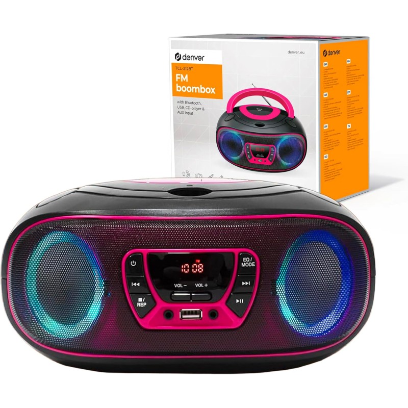Denver lecteur de cd portable tcl-212btpink. boombox. radio fm. bleutooth. haut-parleurs volume 4w. entrée aux. lecture mp3 via 