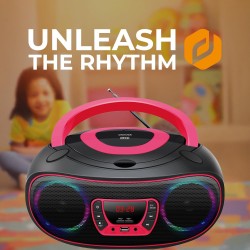 Denver lecteur de cd portable tcl-212btpink. boombox. radio fm. bleutooth. haut-parleurs volume 4w. entrée aux. lecture mp3 via 