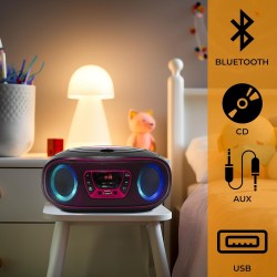 Denver lecteur de cd portable tcl-212btpink. boombox. radio fm. bleutooth. haut-parleurs volume 4w. entrée aux. lecture mp3 via 