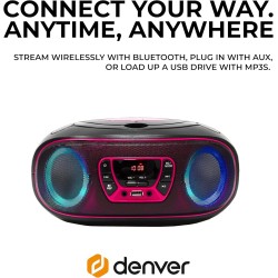 Denver lecteur de cd portable tcl-212btpink. boombox. radio fm. bleutooth. haut-parleurs volume 4w. entrée aux. lecture mp3 via 