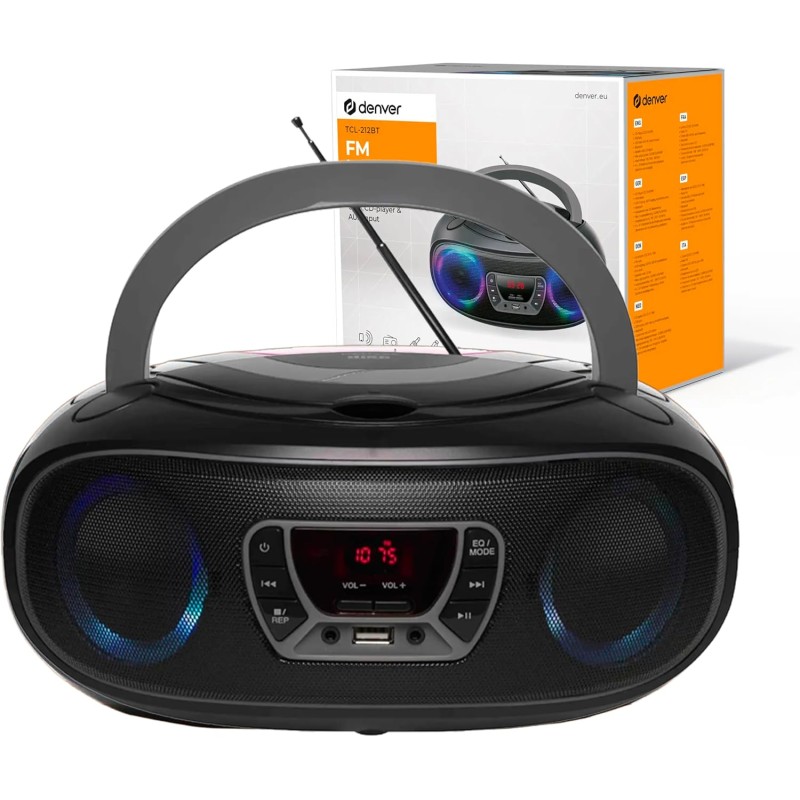 Denver tcl-212btgrey lecteur de cd portable boombox. radio fm. bleutooth. haut-parleurs volume 4w. entrée aux. lecture mp3 via u