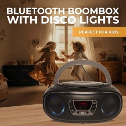 Denver tcl-212btgrey lecteur de cd portable boombox. radio fm. bleutooth. haut-parleurs volume 4w. entrée aux. lecture mp3 via u