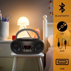 Denver tcl-212btgrey lecteur de cd portable boombox. radio fm. bleutooth. haut-parleurs volume 4w. entrée aux. lecture mp3 via u