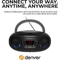 Denver tcl-212btgrey lecteur de cd portable boombox. radio fm. bleutooth. haut-parleurs volume 4w. entrée aux. lecture mp3 via u
